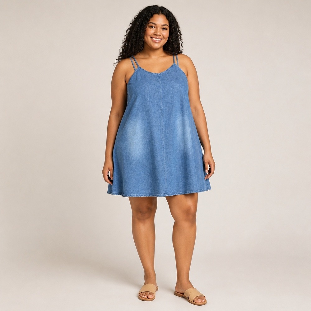 Emery Rose Dress Women L Blue Denim Cami Mini A-Line Pockets Adjustable Straps